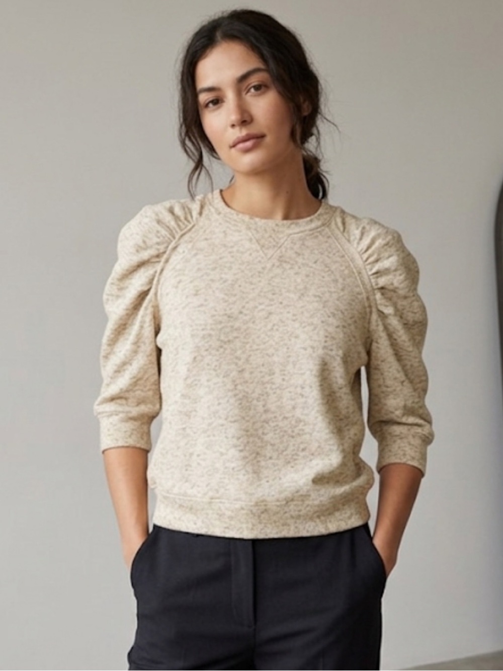 Soeur Moon Shirt Crew Neck Rouched Shouders Marled Cream Sweater Size 10